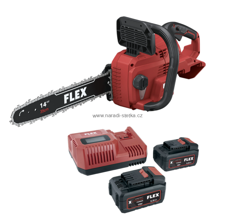 FLEX GCS 35 2x18-EC, Aku řetězová pila 18 V + FLEX P-Set 55 R sada dvou akumulátorů 5,0 Ah a rychlonabíječky