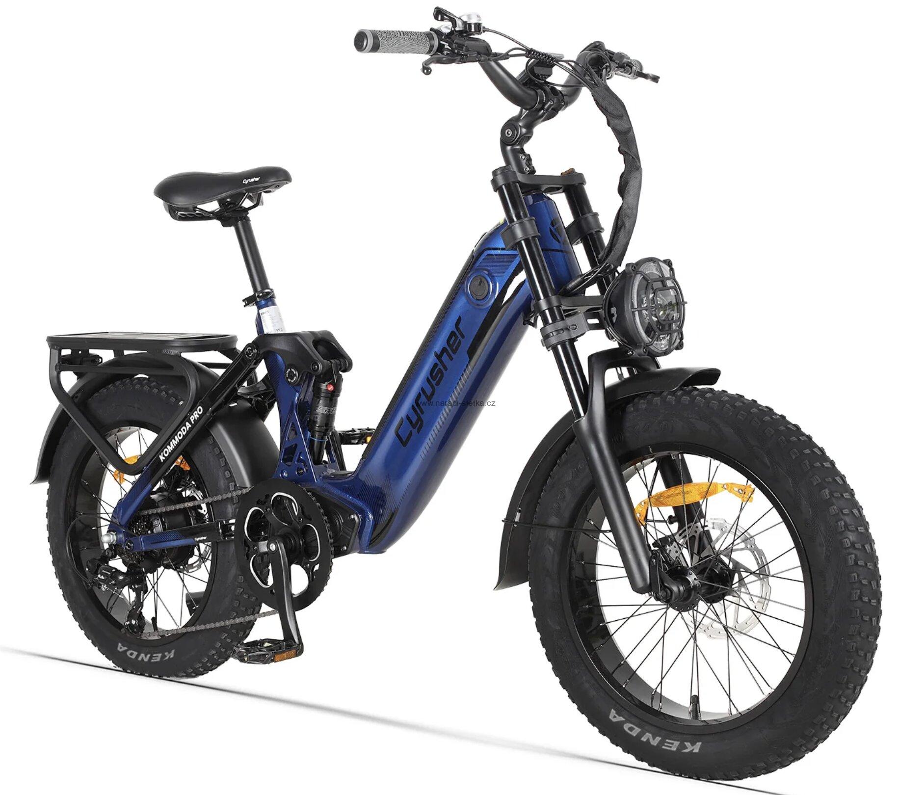 Cyrusher Kommoda PRO celoodpružené elektrokolo Fatbike s nízkým rámem do města i do terénu modré