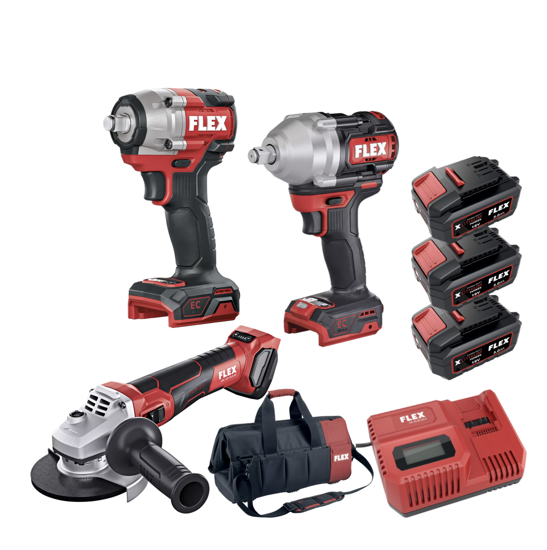 FLEX PACK Akční Sada Nářadí č.06, Rázový utahovák 950Nm + Rázový utahovák 600Nm + úhlová bruska 125mm s regulací