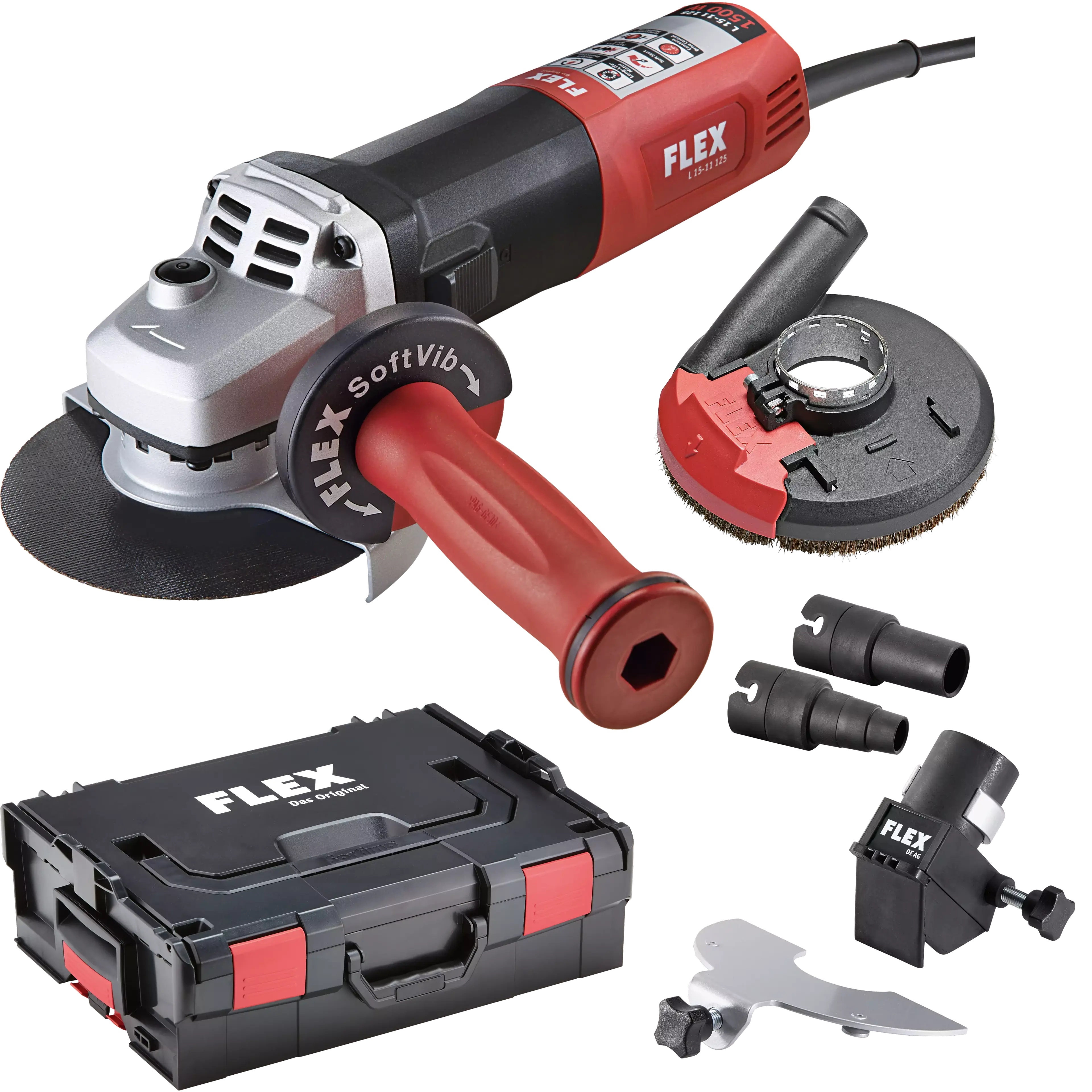 FLEX LE 15-11 125 L-BOXX® Set Variabilní úhlová bruska 1500 W,125 mm, pro práci v rozsahu nižších otáček, součástí balení kryt pro broušení a řezání betonu