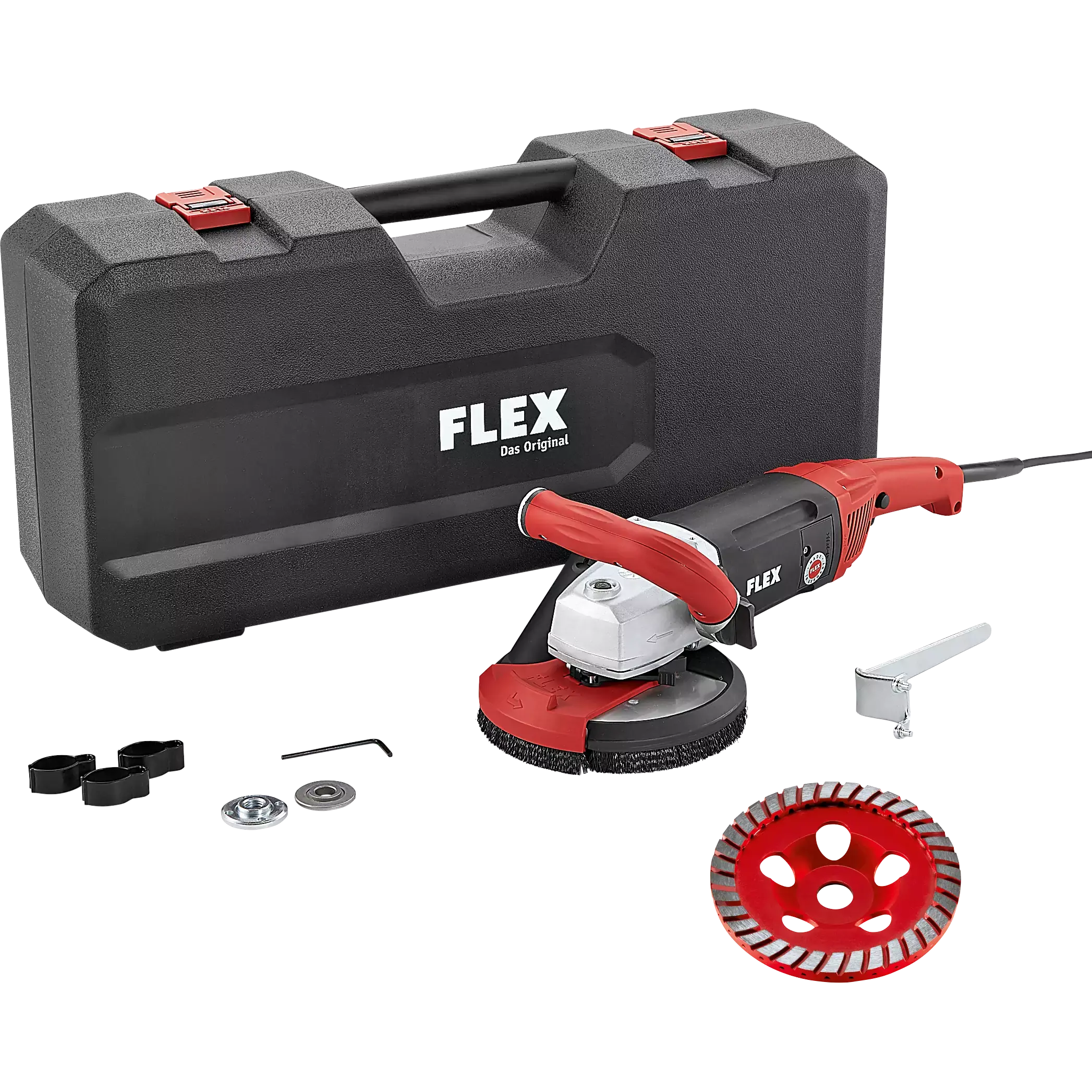 FLEX LD 18-7 150 R, Kit Turbo-Jet, Silná sanační bruska s výkonem 1750 W pro broušení až do rohů, 150 mm