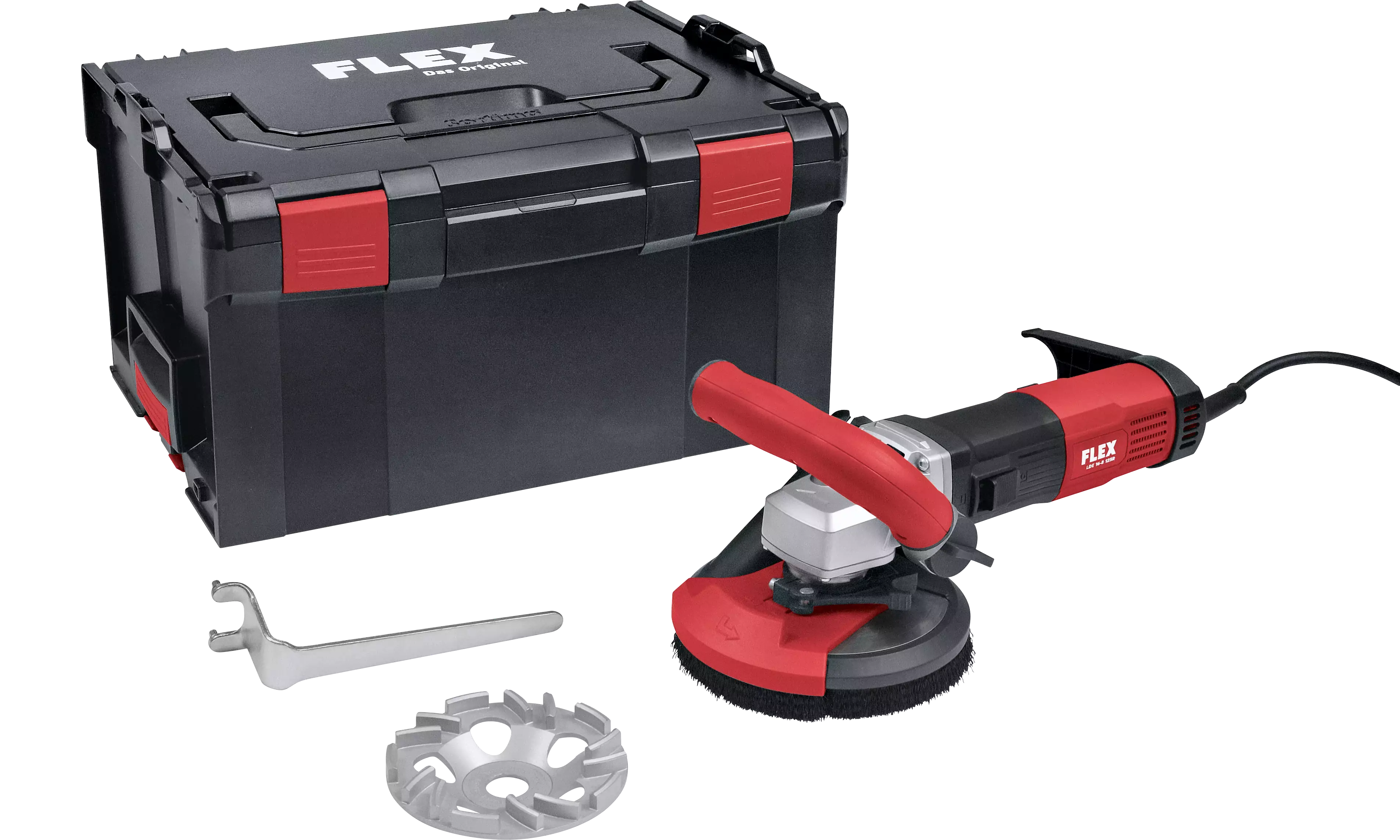 FLEX LDE 16-8 125 R, Kit TH-Jet, Sanační bruska s variabilními otáčkami pro bezprašné broušení až do rohů, 125 mm