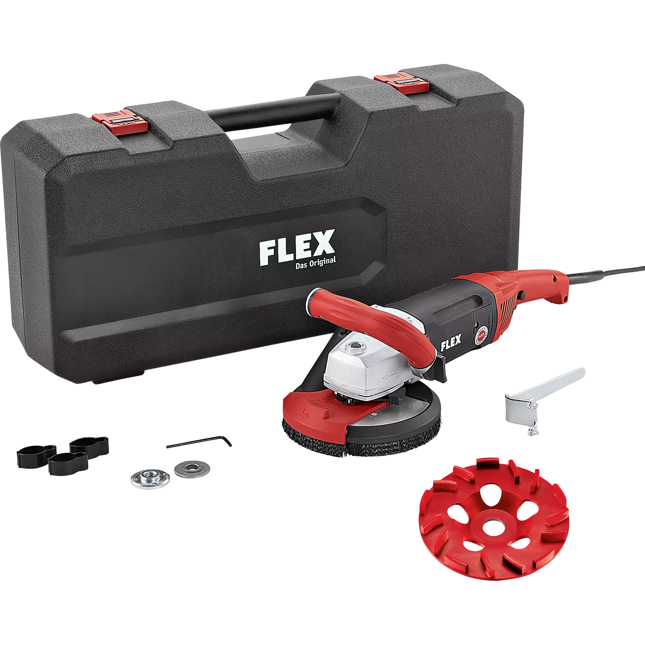 FLEX LD 18-7 150 R, Kit E-Jet, Silná sanační bruska s výkonem 1750 W pro broušení až do rohů, 150 mm