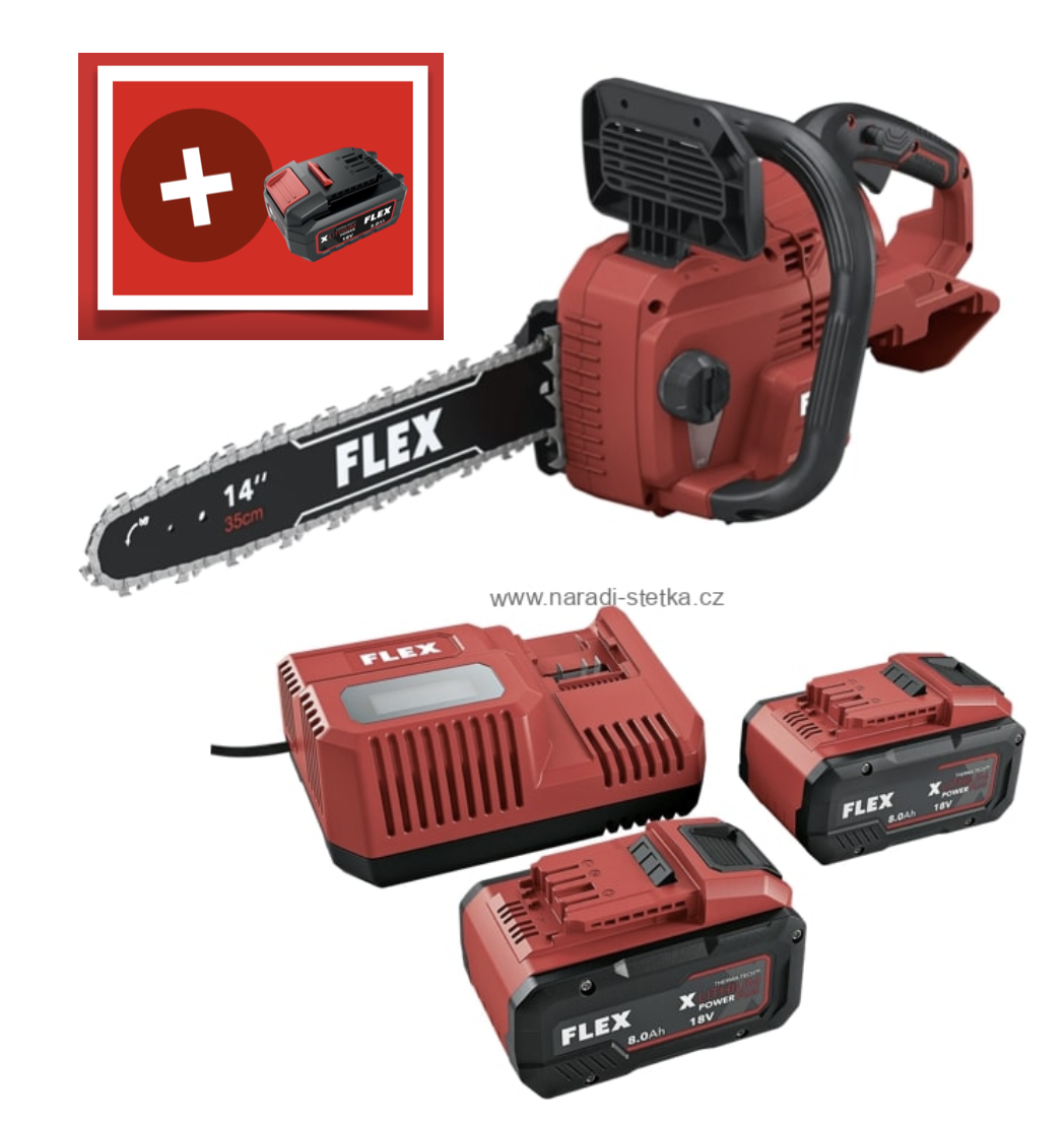FLEX GCS 35 2x18-EC, Aku řetězová pila 18 V + FLEX P-Set 18-88 R sada dvou akumulátorů 8,0 Ah a rychlonabíječky