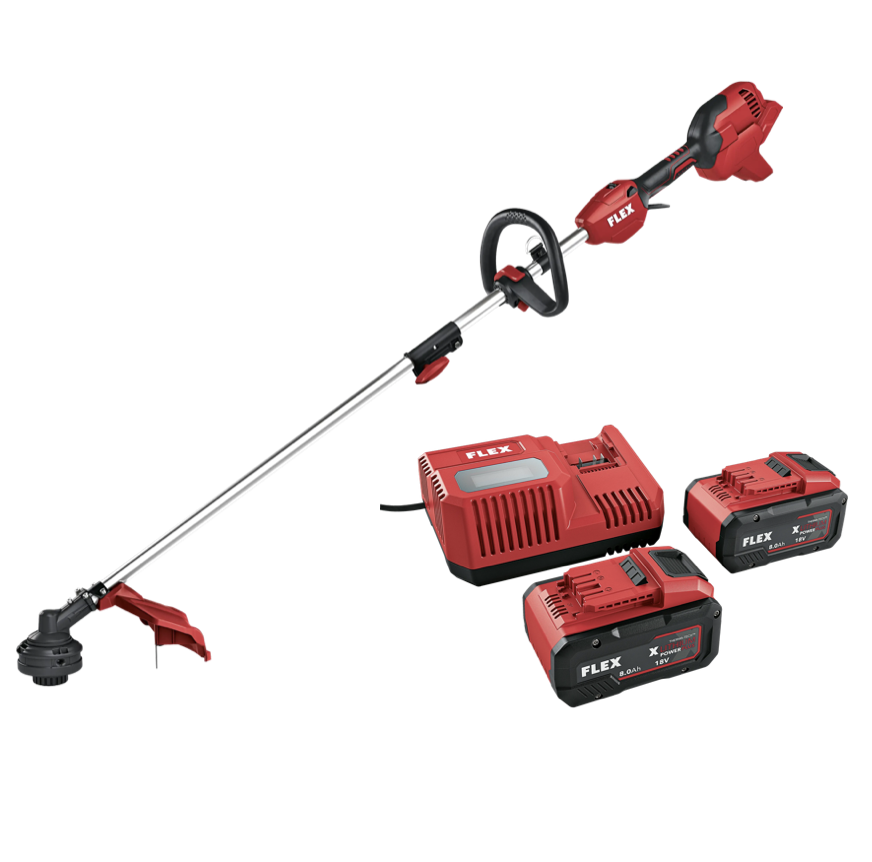 FLEX GLT 35 18-EC, Akumulátorová strunová sekačka 18 V + FLEX P-Set 18-88 R sada dvou akumulátorů 8,0 Ah a rychlonabíječky