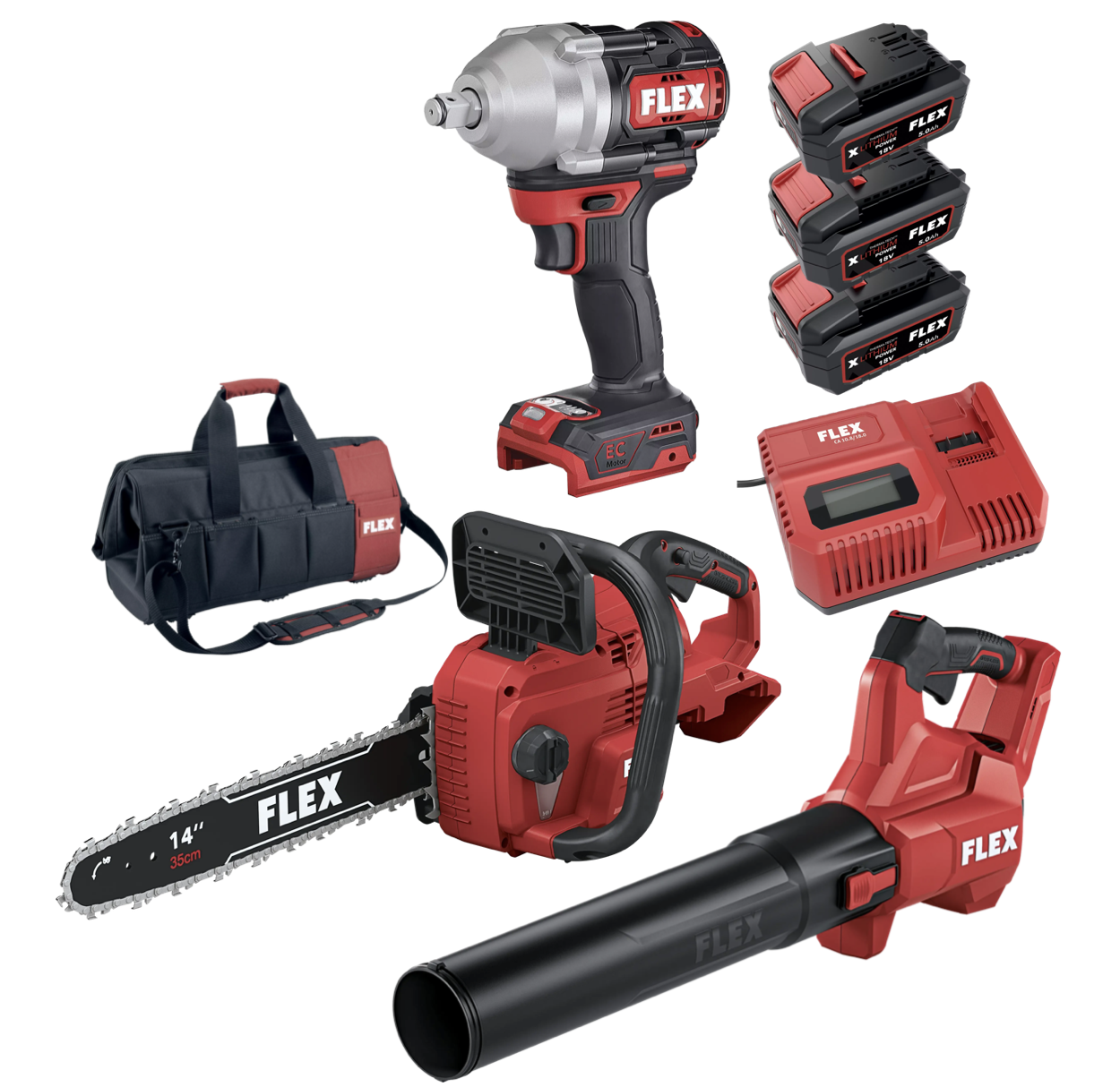 FLEX PACK Akční Sada Nářadí č.08, Řetězová pila + fukar na listí + rázový utahovák 950Nm