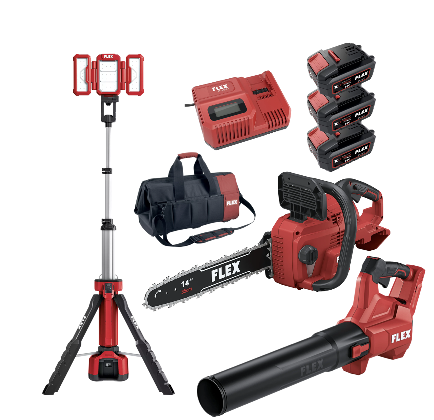 FLEX PACK Akční Sada Nářadí č.10, Řetězová pila + fukar na listí + svítilna se stativem