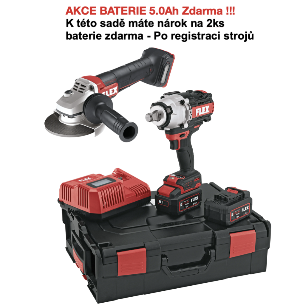 Akční sada - FLEX IW 3/4" 1600 18-EC/5.0 Set, Rázový utahovák 3/4, 2100Nm + FLEX LBP 125-15 18-EC C Aku úhlová bruska s pádlovým spínačem a brzdou 18 V, 125 mm