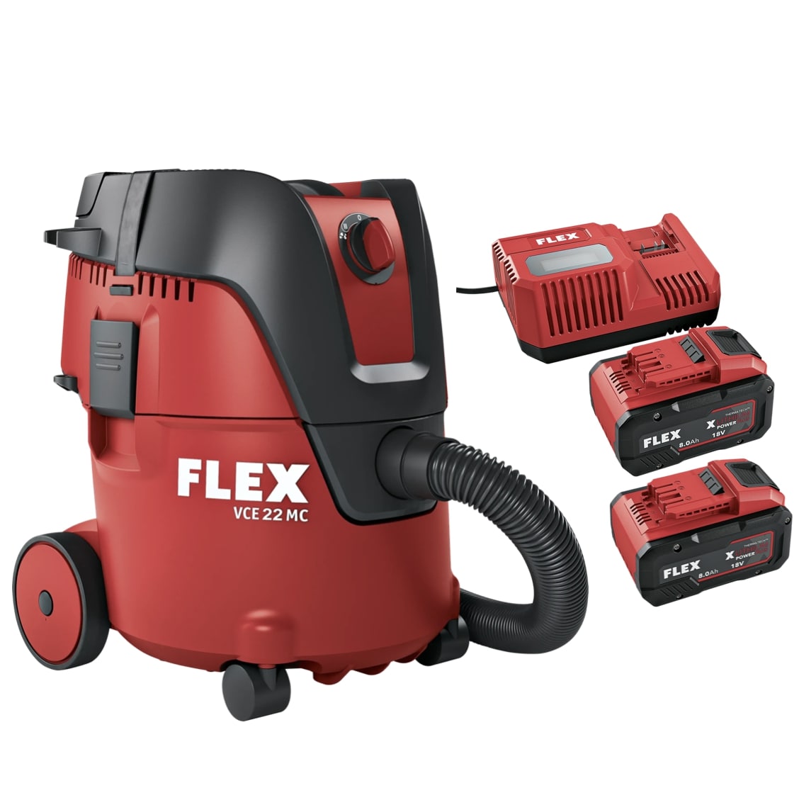 FLEX VCE 22 L MC 2x18.0 Akumulátorový bezpečnostní vysavač 18 V, 20 l, třída L + FLEX P-Set 18-88 R, sada dvou akumulátorů 8,0 Ah, 18 V