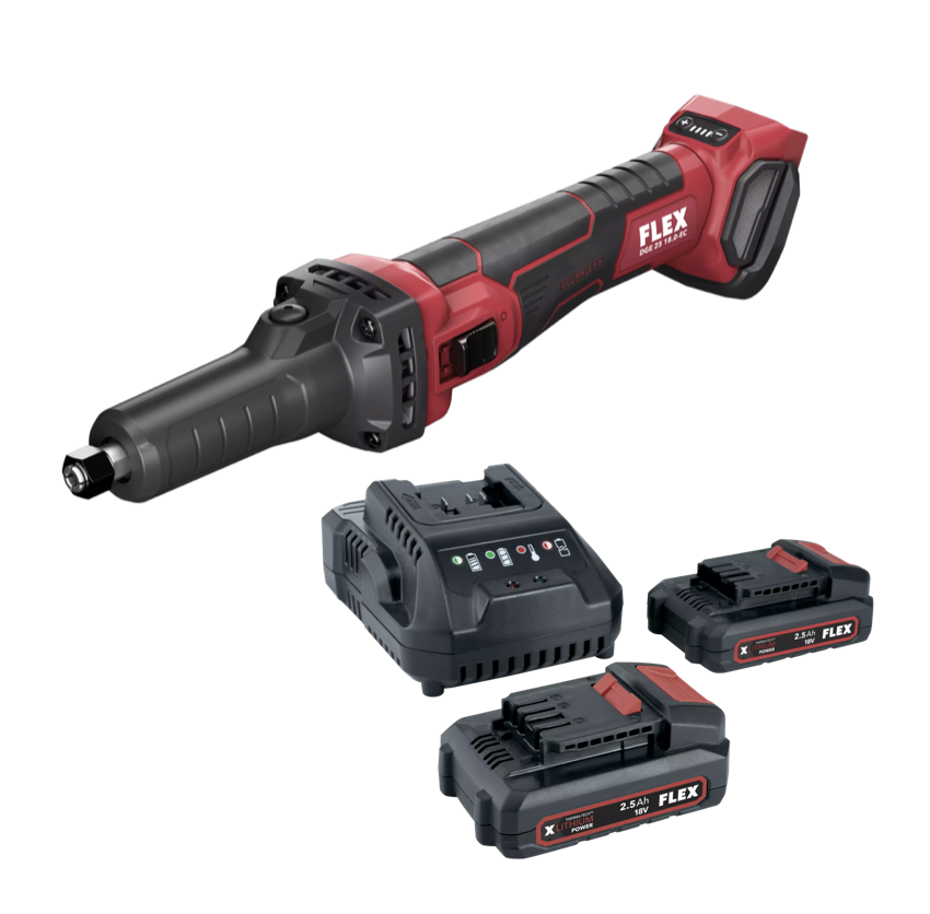FLEX DGE 25 18.0-EC C + P-Set 22 Q, Aku přímá bruska 18,0 V s variabilními otáčkami vyššího rozsahu