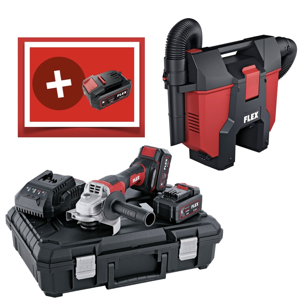 FLEX L 125 18.0-EC LD/5.0 Set, Aku úhlová bruska 18,0 V Light Duty, 125 mm + FLEX VC 2 L MC Hip 18.0-EC Kompaktní aku vysavač 1,5 l třída L