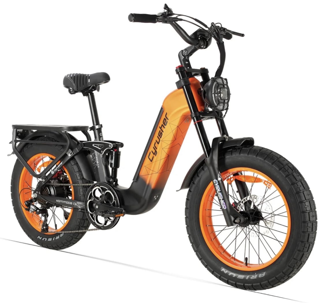 Cyrusher Kommoda 3.0 celoodpružené elektrokolo Fatbike s nízkým rámem do města i do terénu oranžové