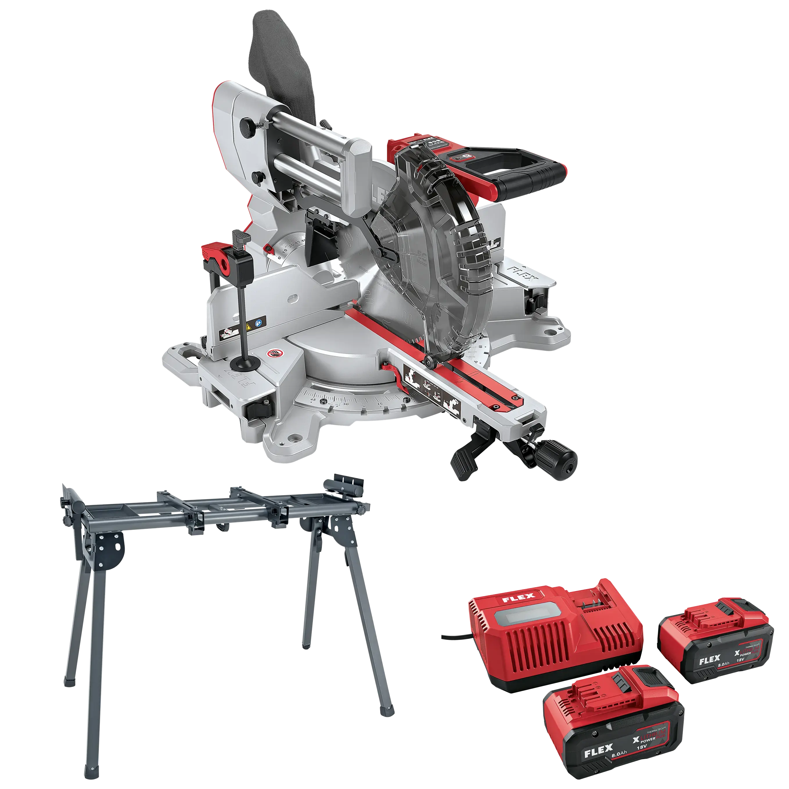FLEX SMS 305 18-EC + P-Set 18-88 R + WB 110-260, Aku pokosová pila 18 V, 305mm + stojan + sada baterií 8.0 Ah