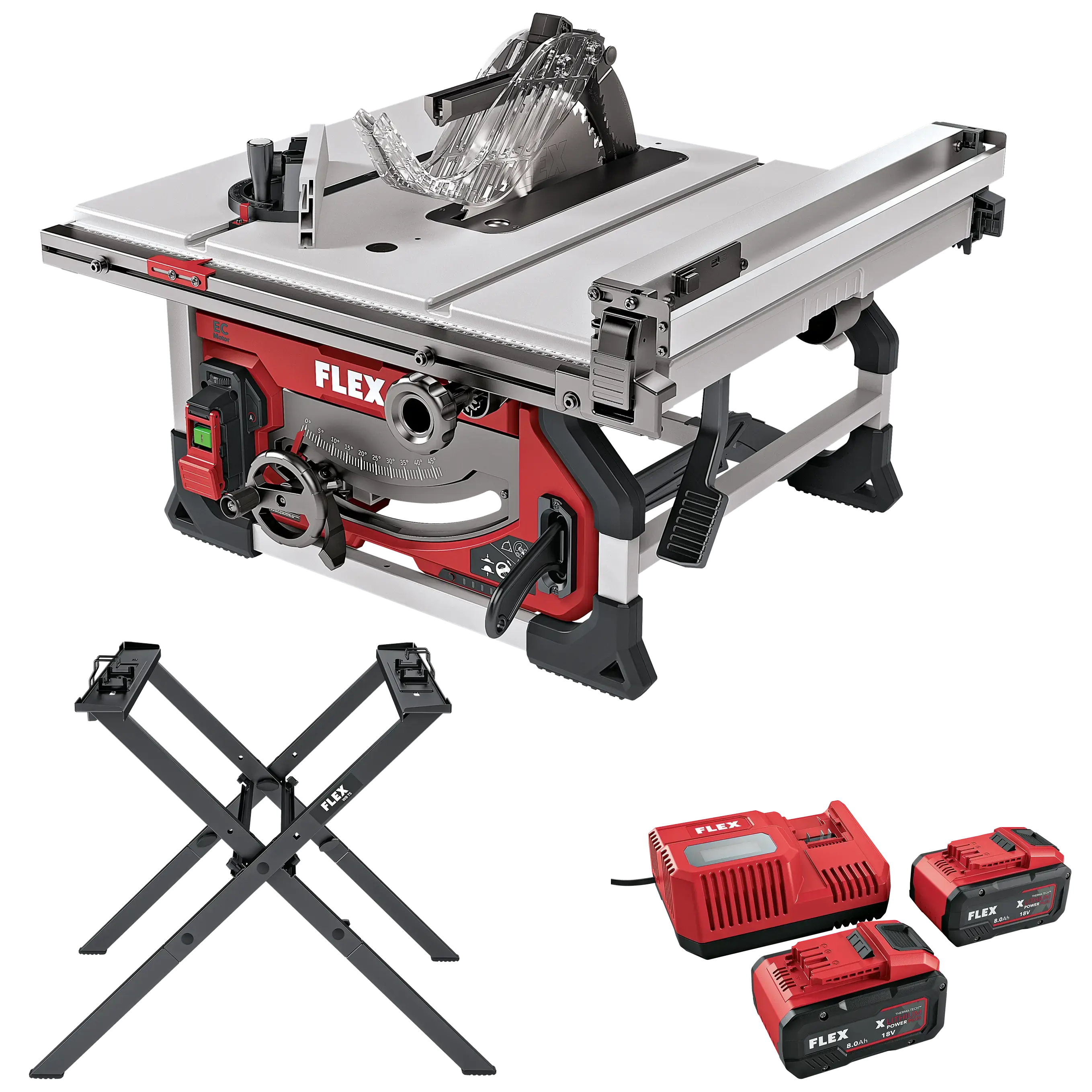 FLEX TS 92 18-EC + P-Set 18-88 R + WB TS, Akumulátorová stolní kotoučová pila 18 V se stojanem a sadou baterií 8.0 Ah