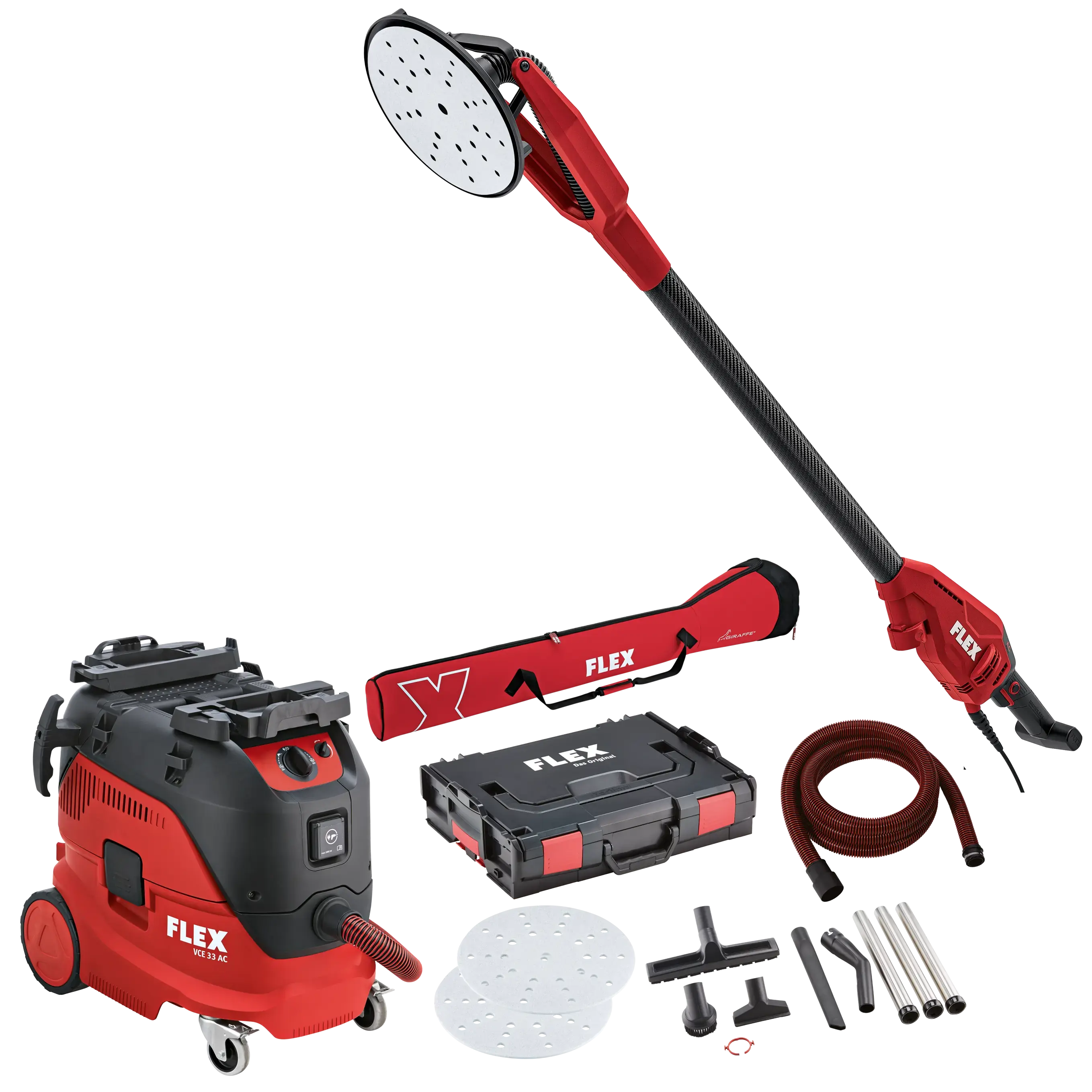 FLEX GE 6 X-EC + VCE 33 L AC Set + Brusný papír, Bruska na stěny a stropy Giraffe® včetně brusného papíru + bezpečnostní vysavač 30 l, třída L