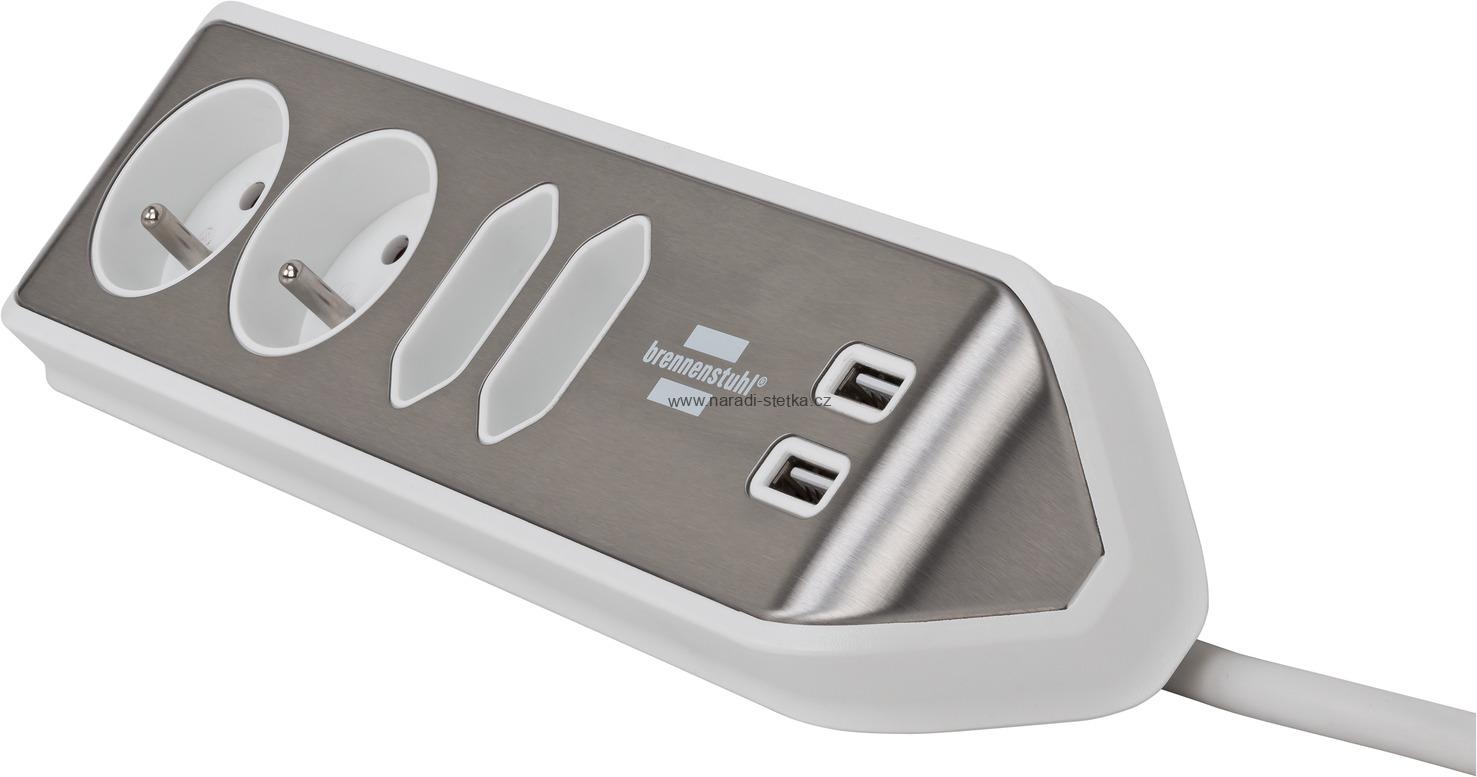 Brennenstuhl estilo rohová zásuvková lišta 4násobná s vysoce kvalitním nerezovým povrchem bílá / stříbrná