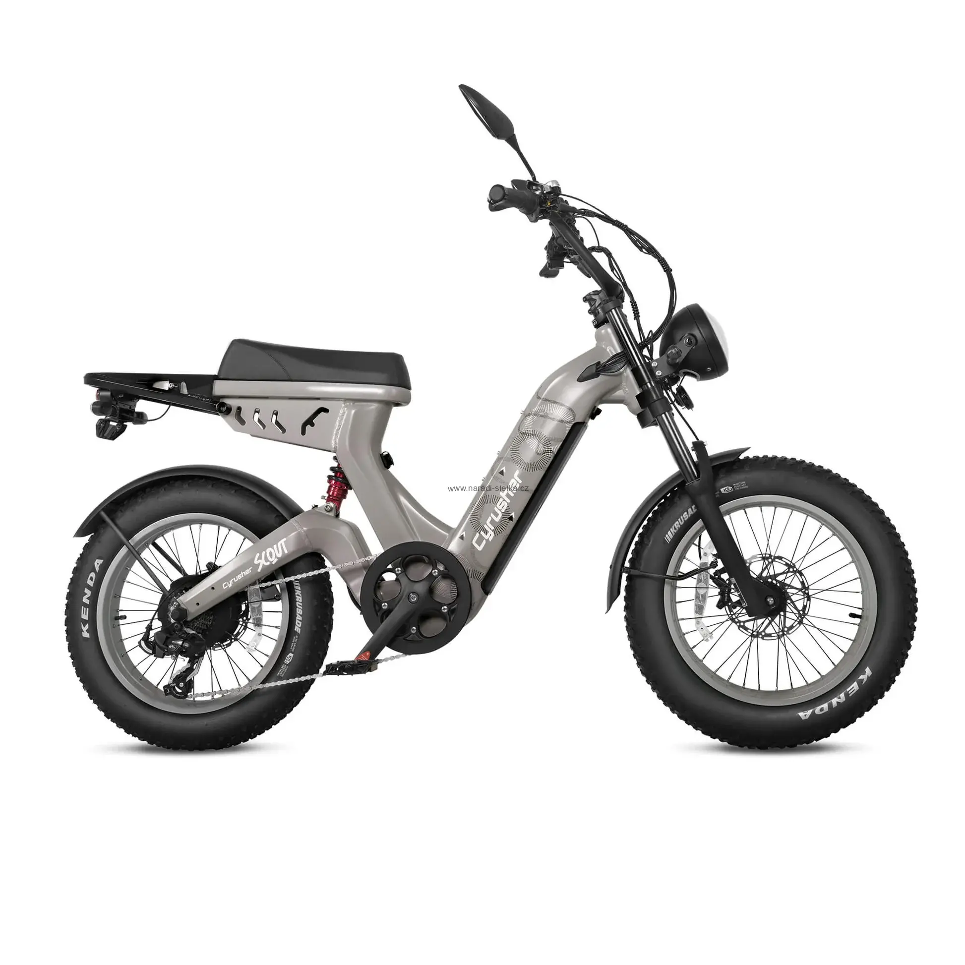 Cyrusher Scout celoodpružené elektrokolo Fatbike ve stylu mopedu do města i do terénu šedé