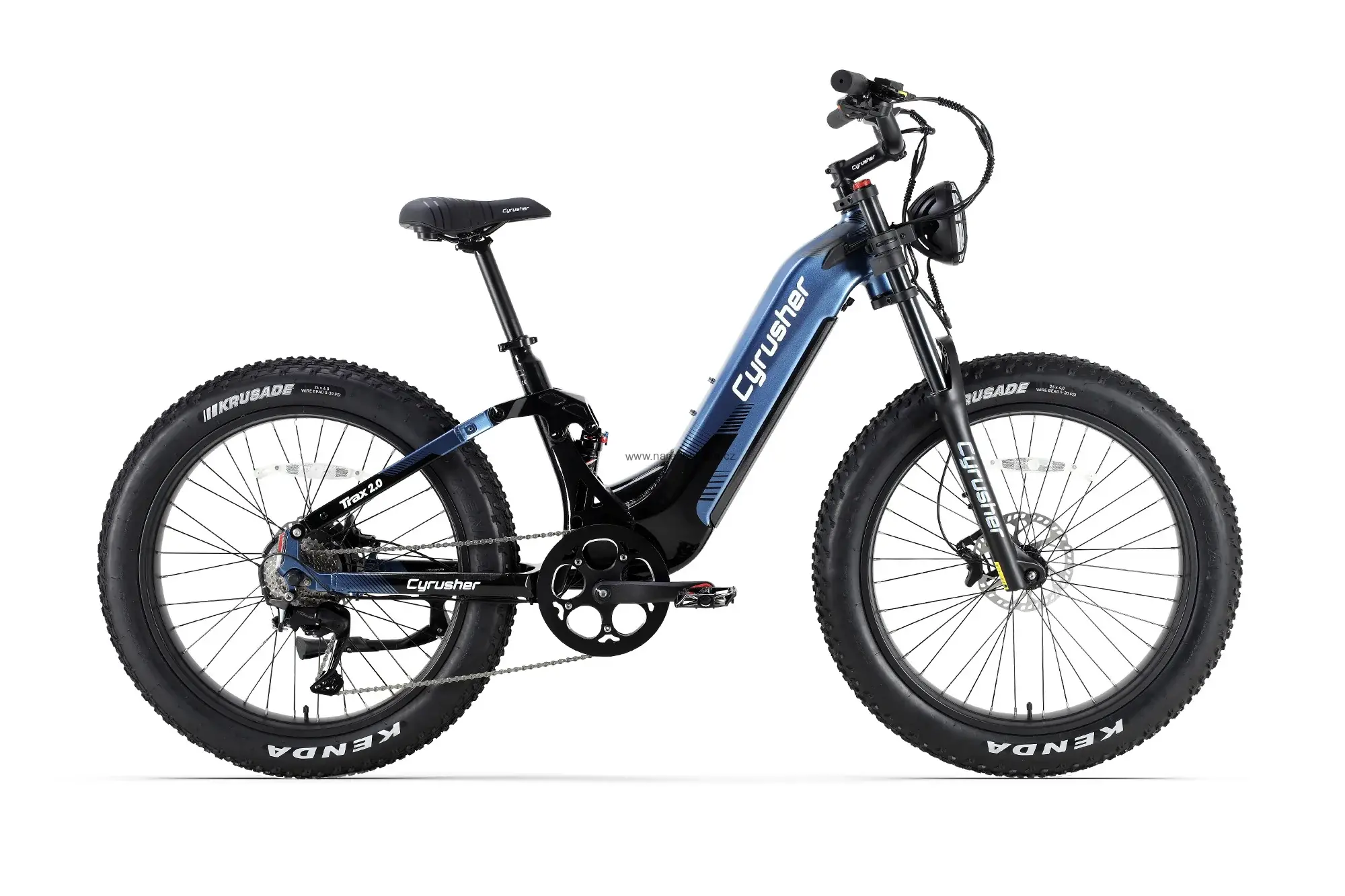 Cyrusher Trax 2.0 hybridní celoodpružené elektrokolo Fatbike s nízkým rámem pro všechny terény modré