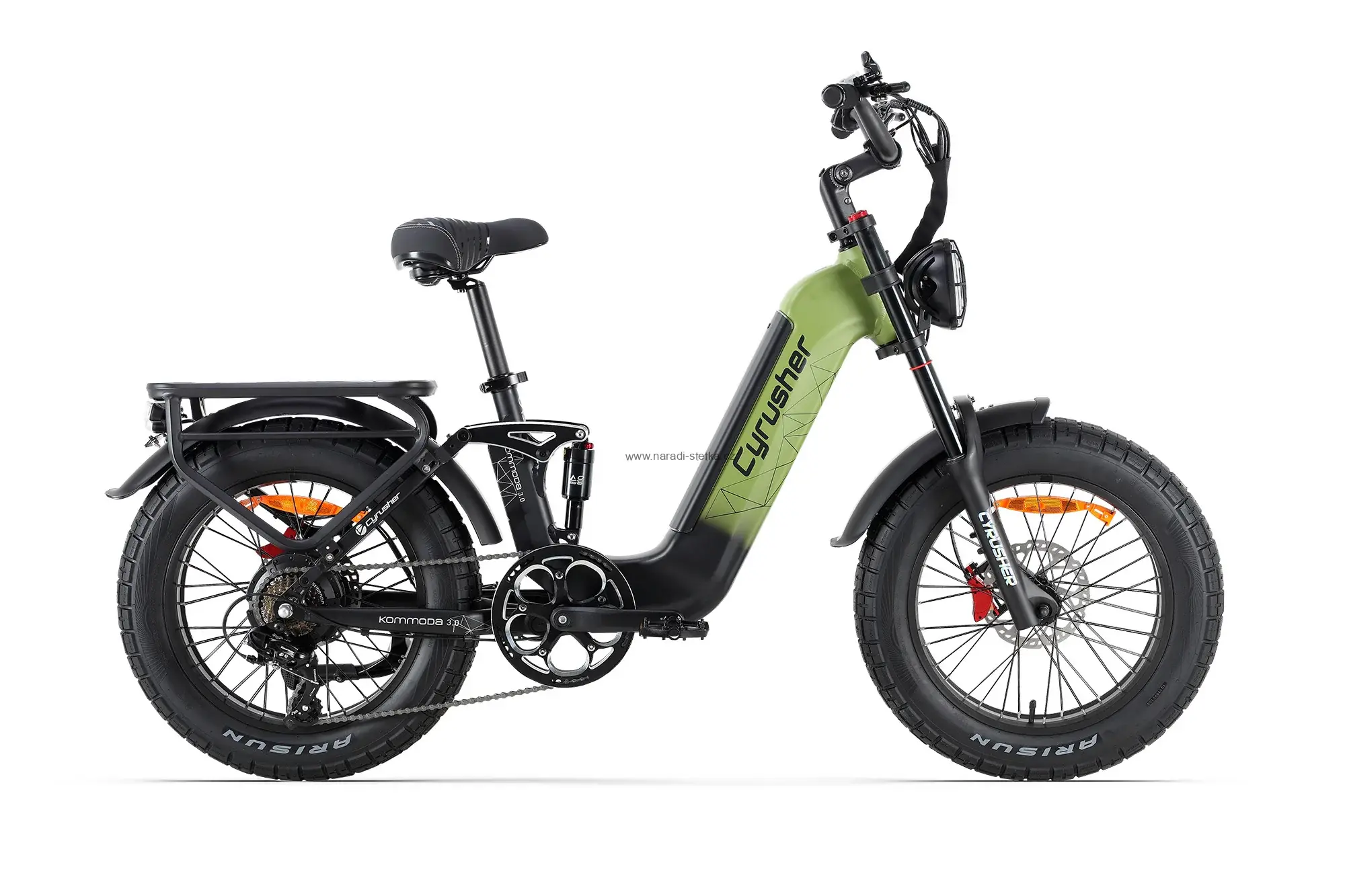 Cyrusher Kommoda 3.0 celoodpružené elektrokolo Fatbike s nízkým rámem do města i do terénu zelené