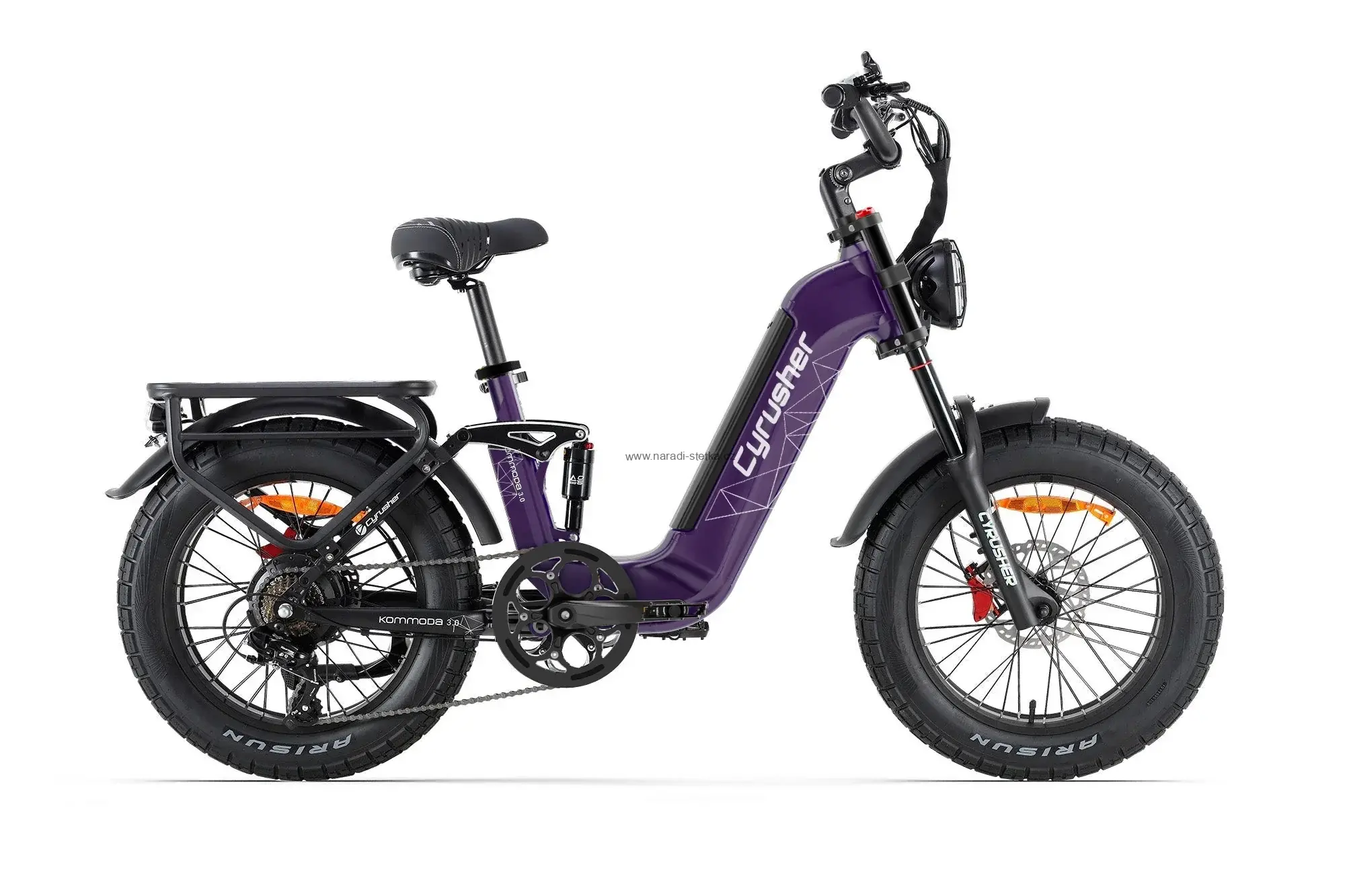 Cyrusher Kommoda 3.0 celoodpružené elektrokolo Fatbike s nízkým rámem do města i do terénu Fialové