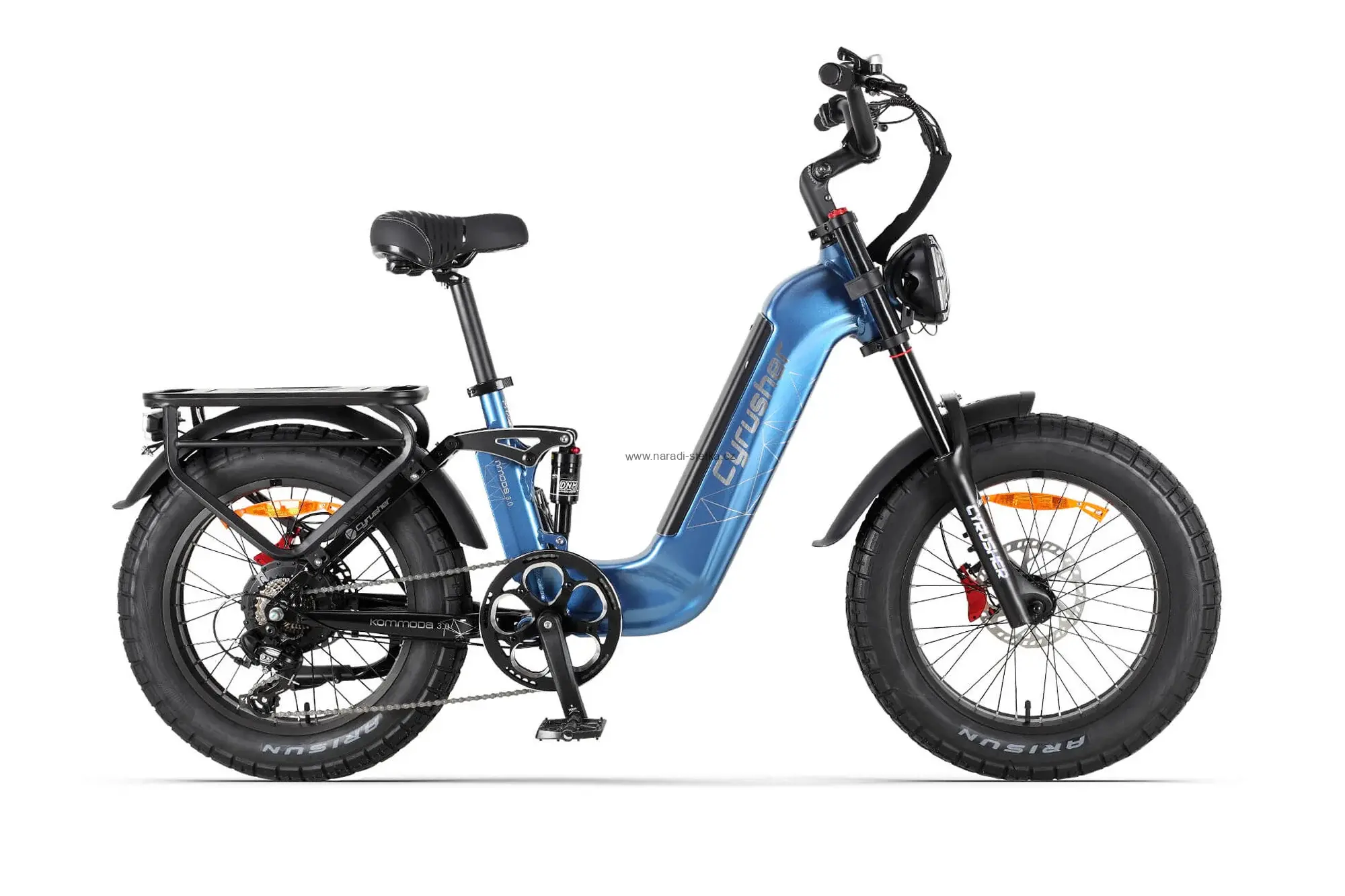 Cyrusher Kommoda 3.0 celoodpružené elektrokolo Fatbike s nízkým rámem do města i do terénu modrá
