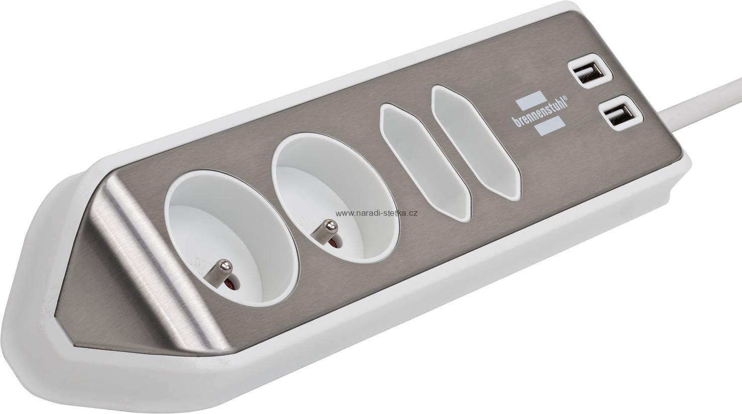 Brennenstuhl estilo rohová zásuvková lišta 4násobná s vysoce kvalitním nerezovým povrchem bílá / stříbrná