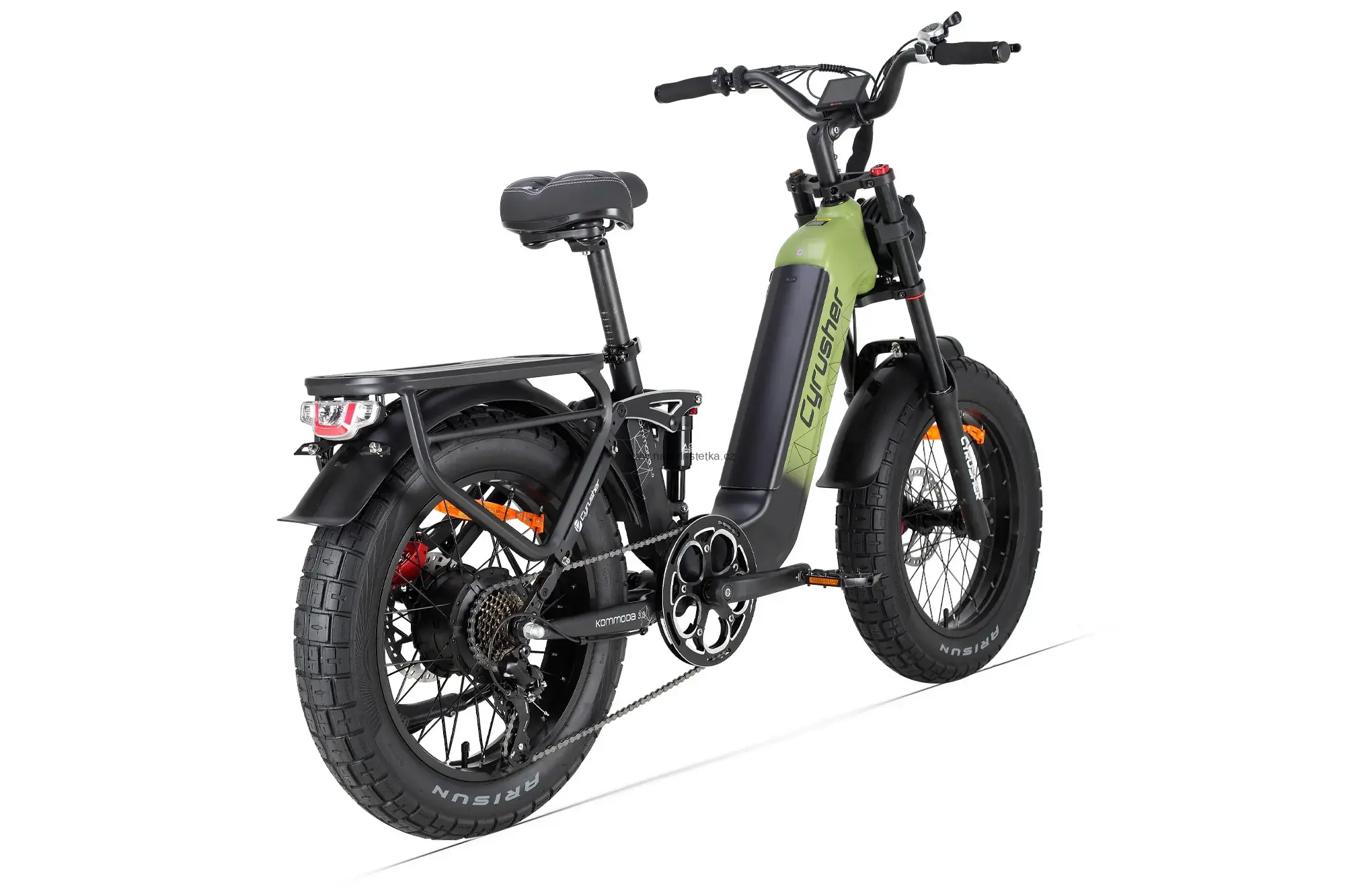 Cyrusher Kommoda 3.0 celoodpružené elektrokolo Fatbike s nízkým rámem do města i do terénu zelené